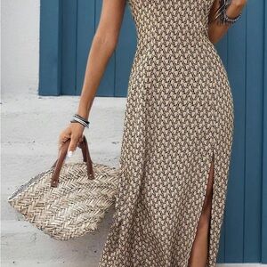 NEW geometric print dress ; split thigh; adjustable spaghetti strap